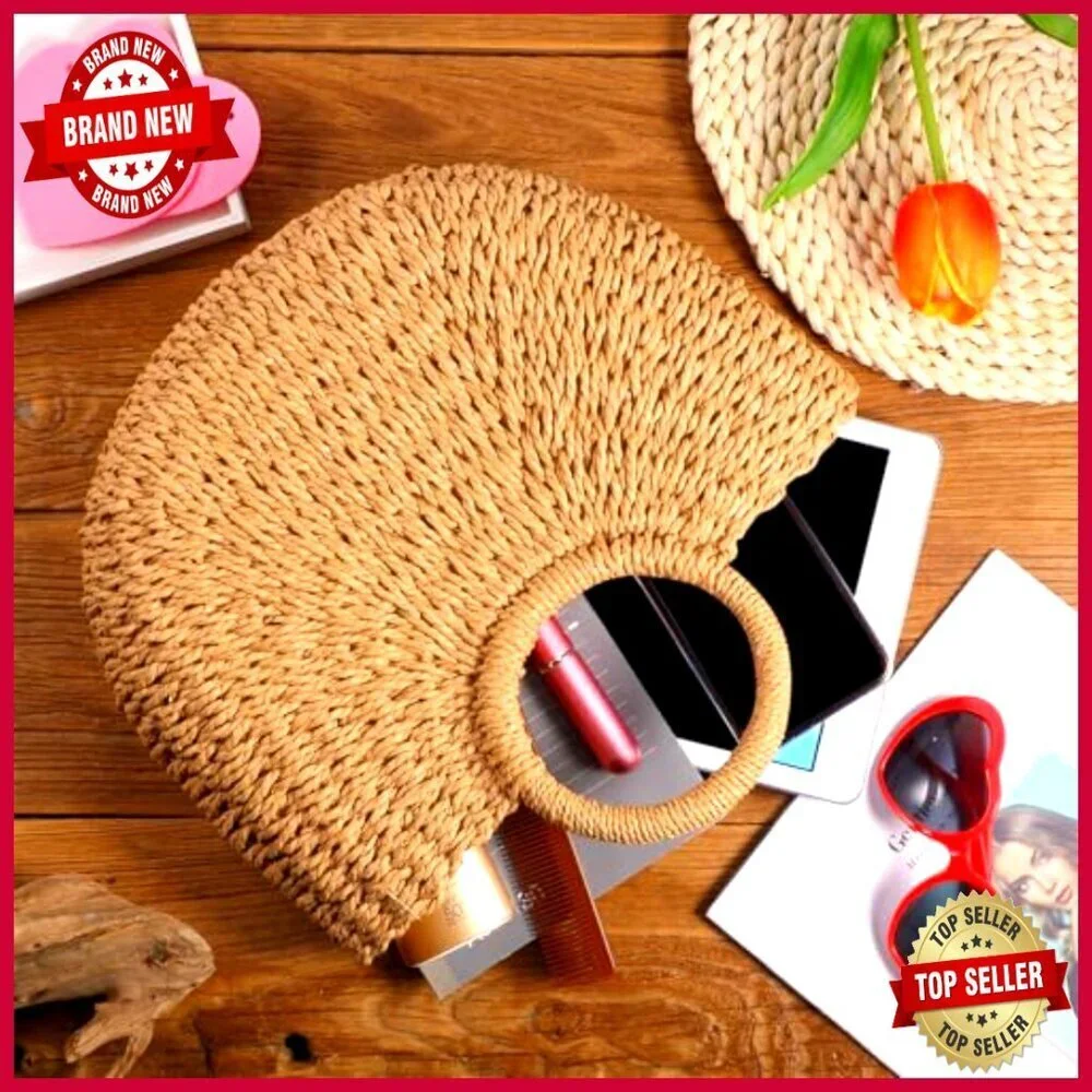 Large Straw Tote Bag with Drawstring Closure, Rattan Woven Handbag for Beach
